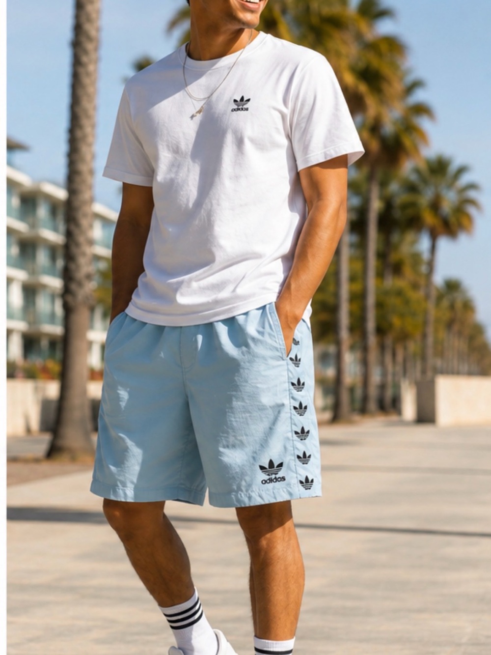 Adidas Originals Trefoil Tape Swim Trunks Youth XL 15-16 Light Blue